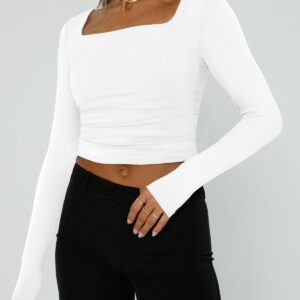 Trendy Queen Womens Long Sleeve Shirts 2024 Basic Crop Tops Fashion Slims Fitted Y2k Workout Clothes Square Neck Going Out Spring Outfits White - Image 3