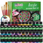 U.S. Art Supply Professional 24 Color Set of Outdoor Acrylic Paint in 2 Ounce Bottles, Plus a 7-Piece Brush Kit - Vivid Colors for Artists, Students - Use on Canvas, Rocks, Kids' Wood Crafts, and Toys