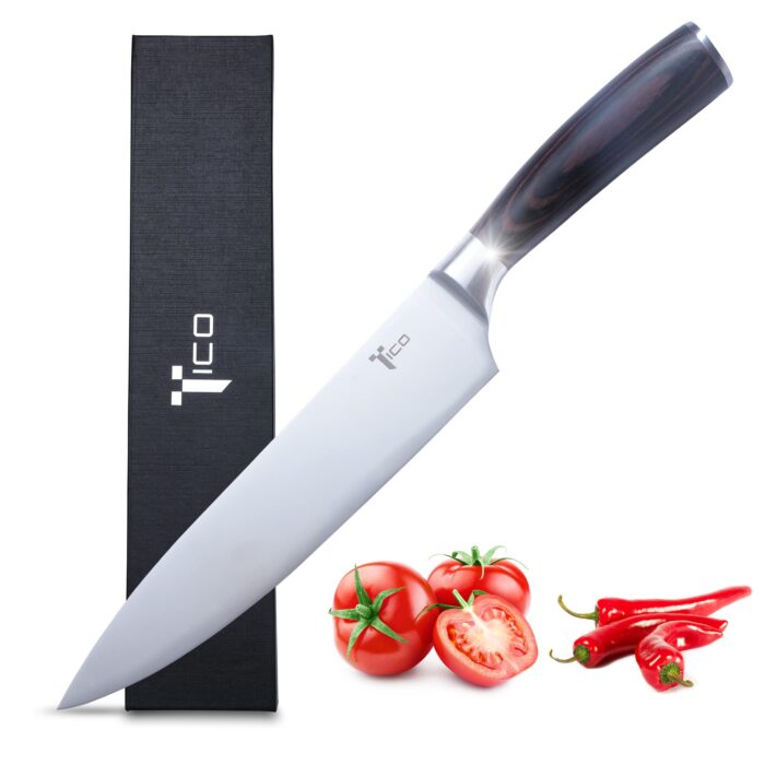 TICO Ultra Sharp 8 inch Chef's Knife - German Carbon Steel Blade, Ergonomic Pakka Wood Handle - Professional Kitchen Knife for Chopping, Cutting, Thinly Slicing Meats & Vegetables